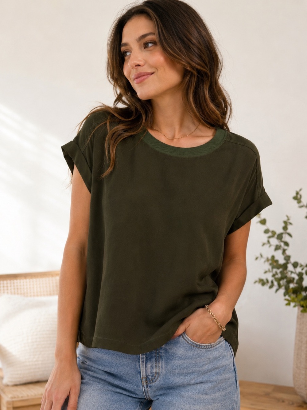 FRAME Washable Silk Oversized Tee Olive Green Fatigue Top Womens L Large